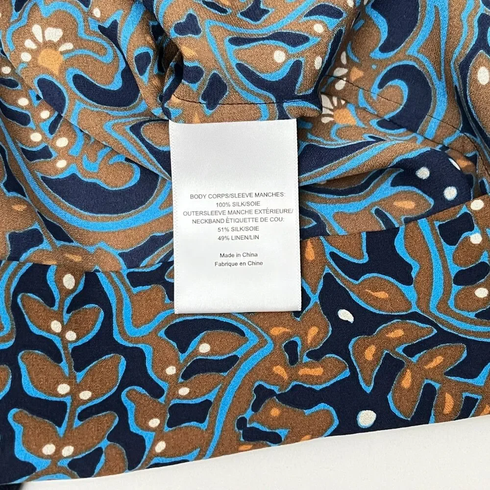 Tory Burch Silk Tunic Shift Dress Size 8 Blue Brown Paisley Print Long Sleeve